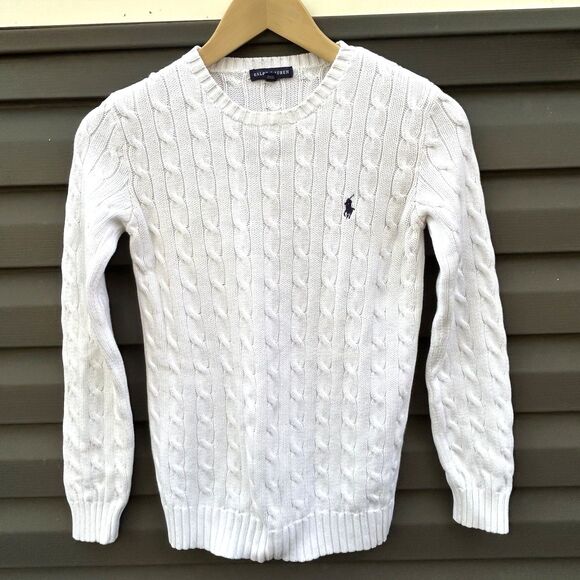 Ralph Lauren Sweater Size Small White Cable Knit Crewneck Preppy Logo Classic - Picture 1 of 8